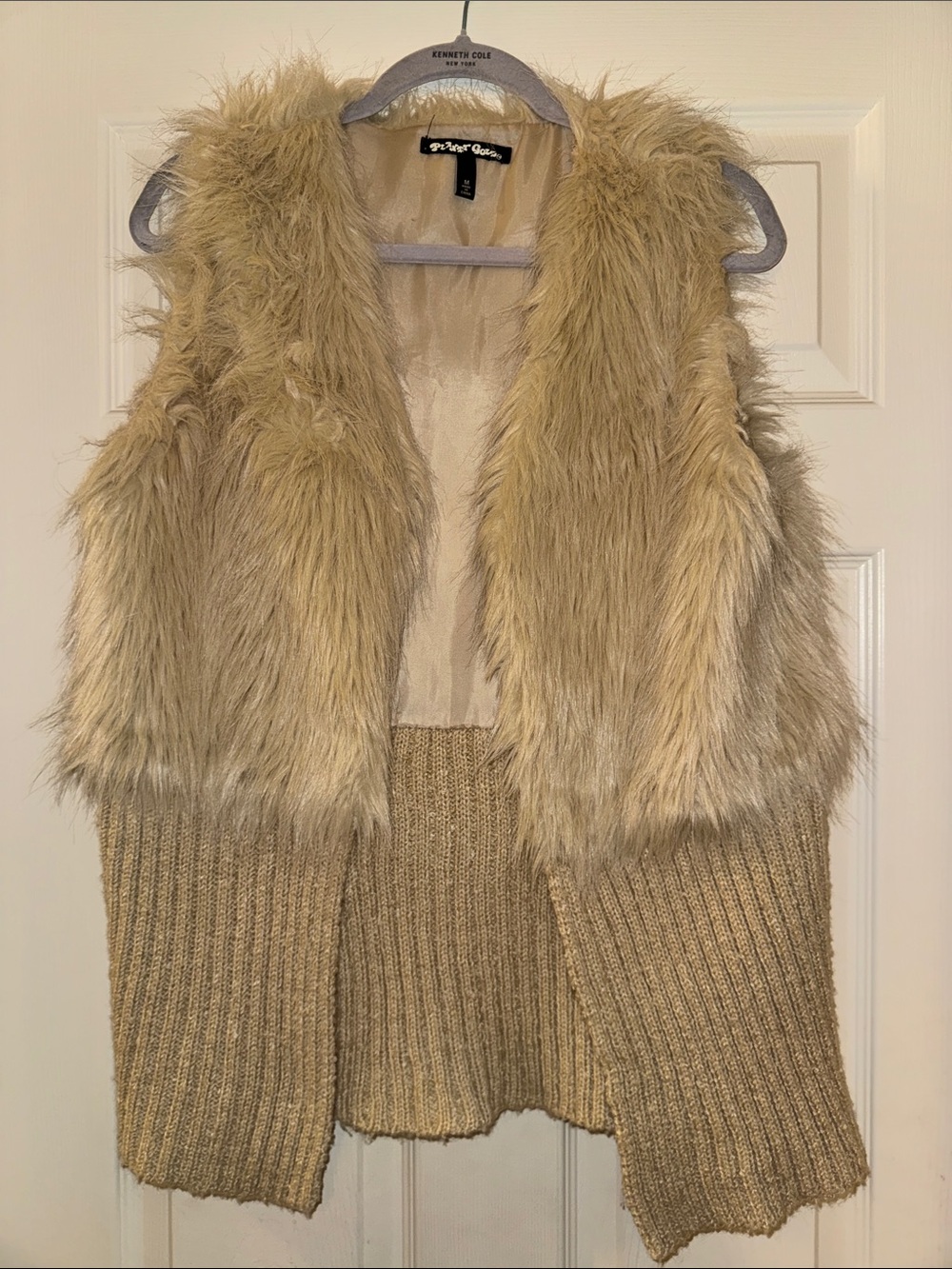 Planet Gold Faux Fur and Knit Vest in Beige Gold